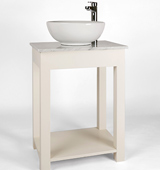 Bathroom washstand with Carrara Marble top, countertop sink and tall contemporary tap, painted in White Mulberry.