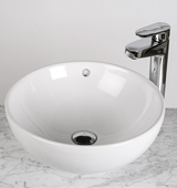 Our countertop sink shown on a Carrara Marble top with a tall contemporary basin mixer tap. Countertop sink (£95) and tall contemporary tap (£105) can be purchased separately.